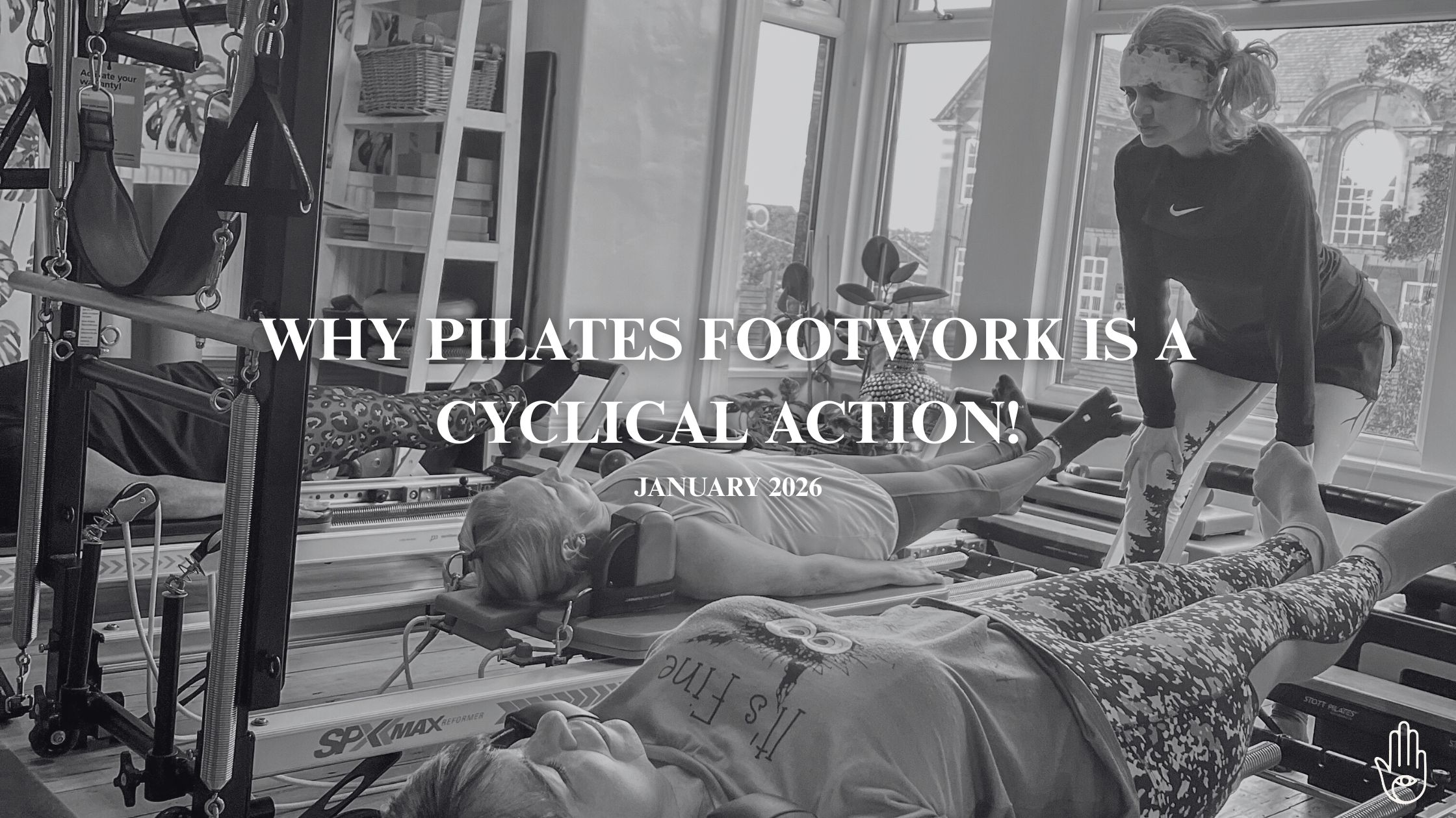 Taught class performing footwork on a Pilates reformer, demonstrating tilting reflex and moving base, emphasizing flow, rhythm, and core engagement.
